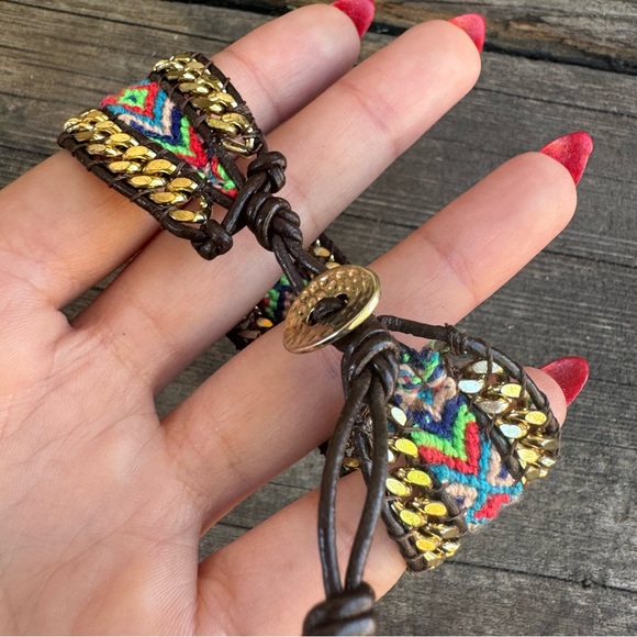 NWOT✨ Boho Western Colorful Macrame Gold Chain & Leather Friendship Bracelet - Picture 15 of 16
